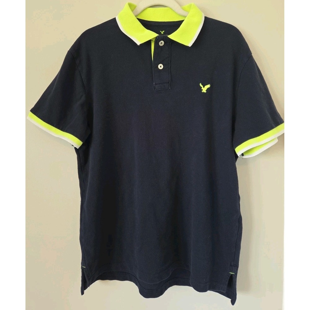 American Eagle Polo Shirt 2015 Classic Fit Logo Navy Lime Green Mens Size Large